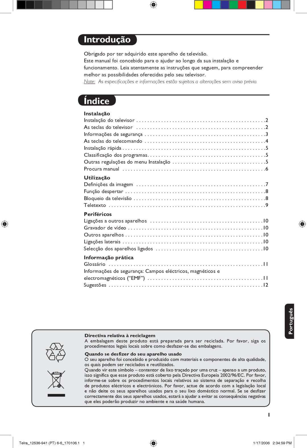 Philips 21PT1820, 14PT1501, 14PT1521 manual Introdução, Índice, Instalação, Utilização, Informação prática 