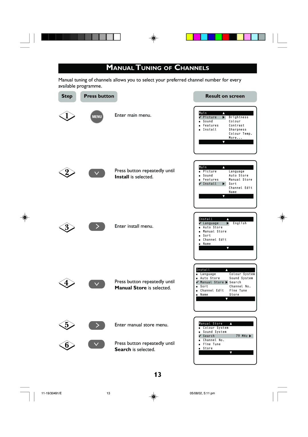 Philips 21PT2152 operating instructions Manual Tuning of Channels, ¸ Press button repeatedly until Manual Store is selected 