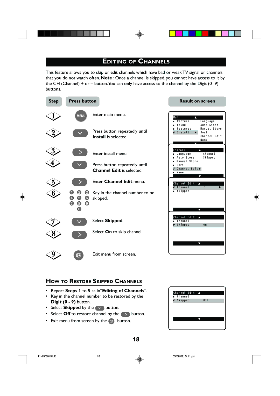 Philips 21PT2152 operating instructions Editing of Channels, Channel Edit is selected, Enter Channel Edit menu 