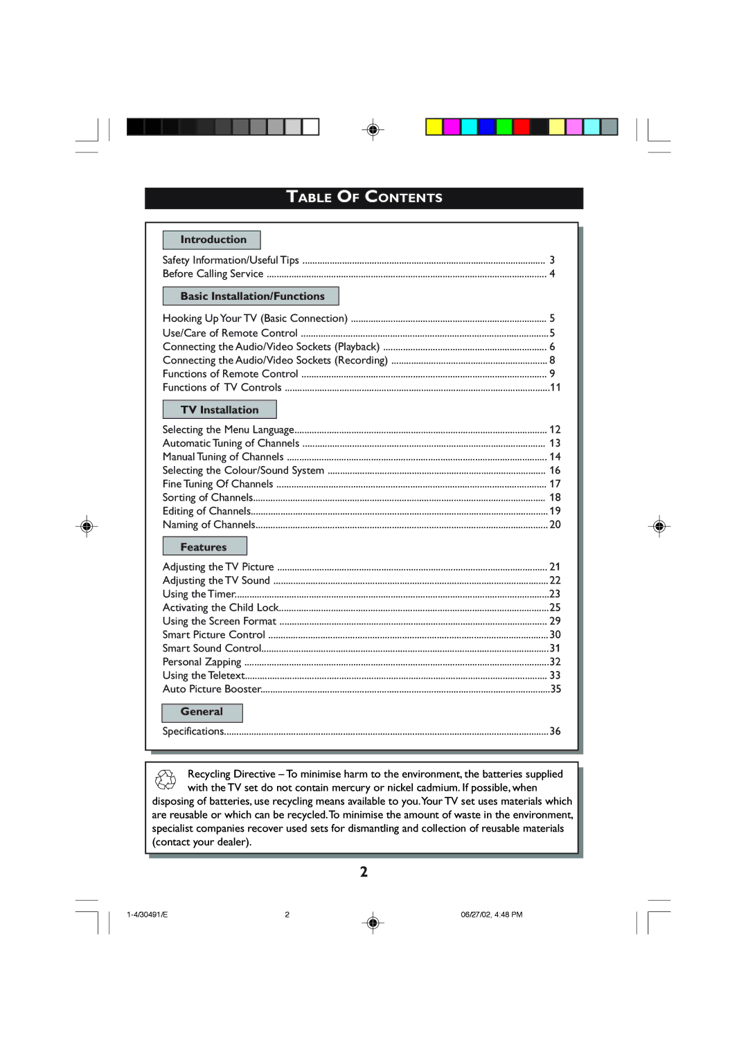 Philips 21PT2152 operating instructions Table of Contents 