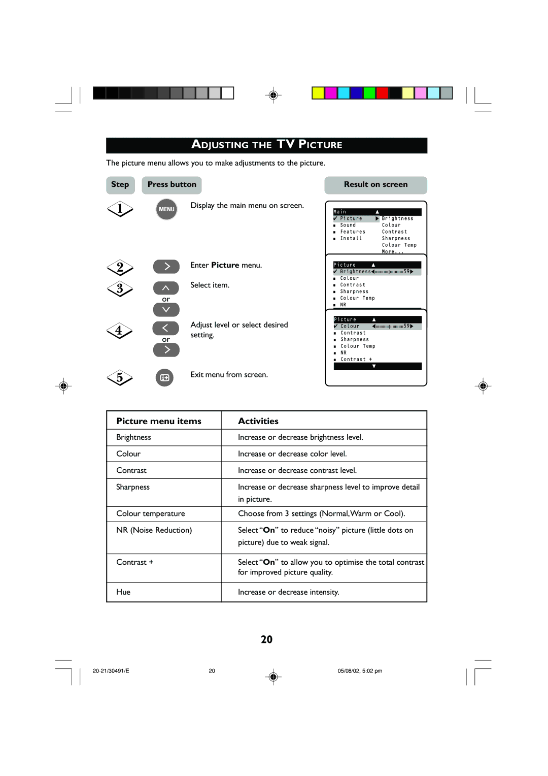 Philips 21PT2152 operating instructions Adjusting the TV Picture, Picture menu items Activities, Step 