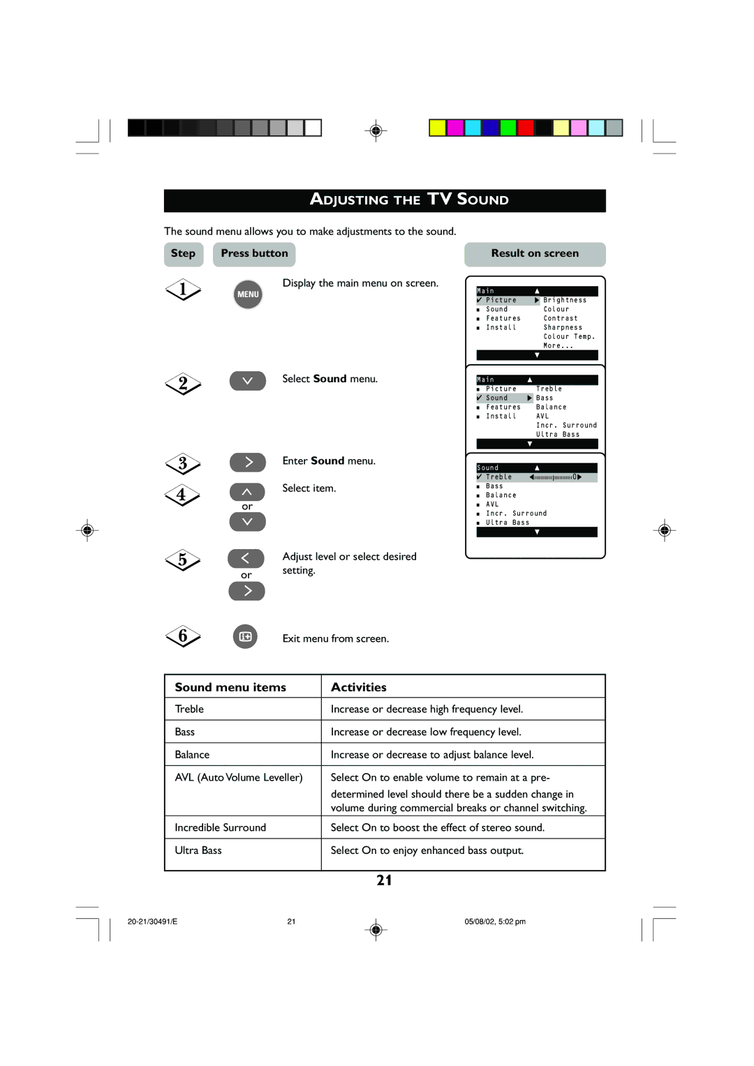 Philips 21PT2152 operating instructions Adjusting the TV Sound, Sound menu items Activities 