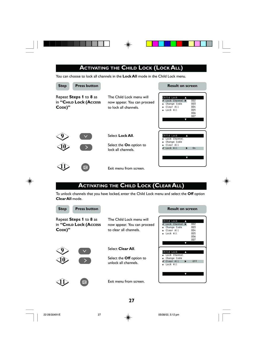 Philips 21PT2152 Activating the Child Lock Lock ALL, Activating the Child Lock Clear ALL, To lock all channels 