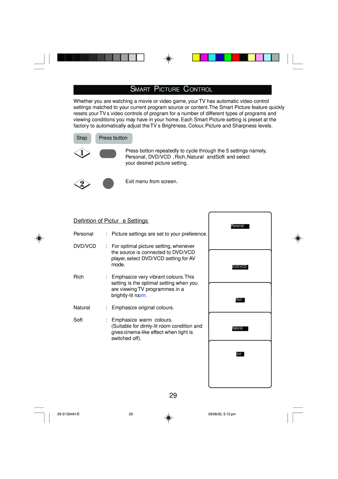 Philips 21PT2152 operating instructions Smart Picture Control, Defintion of Picture Settings 