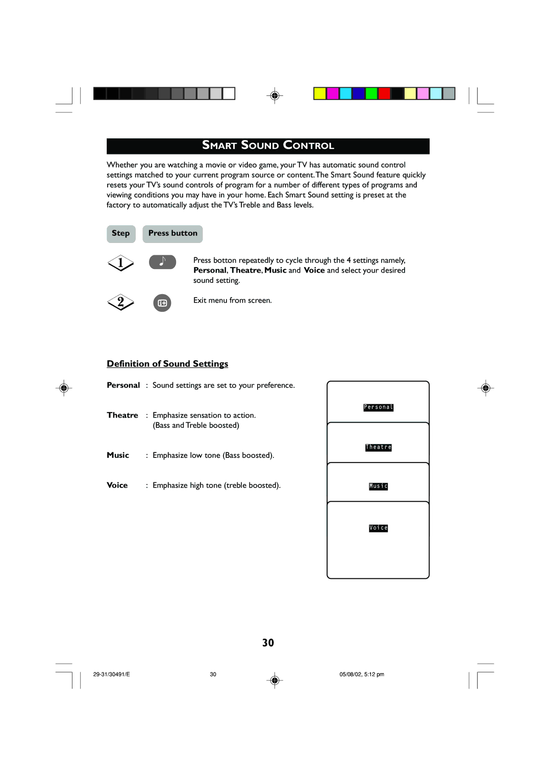 Philips 21PT2152 Smart Sound Control, Definition of Sound Settings, Personal Sound settings are set to your preference 