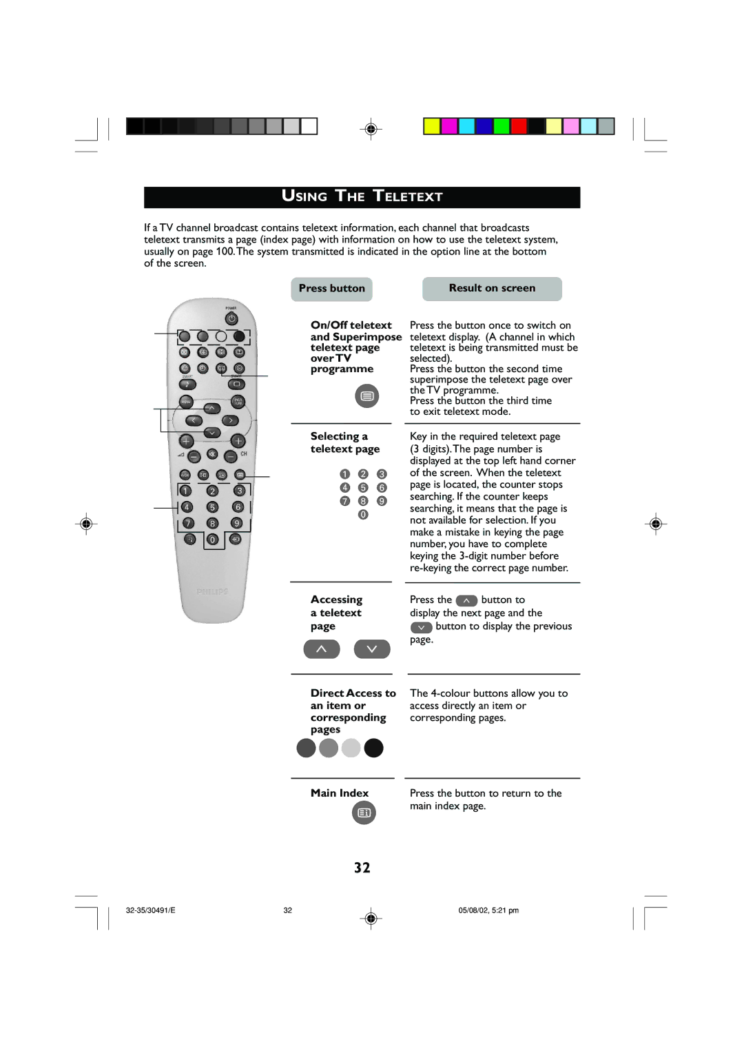 Philips 21PT2152 operating instructions Using the Teletext, Accessing, An item or, Corresponding Corresponding pages Pages 