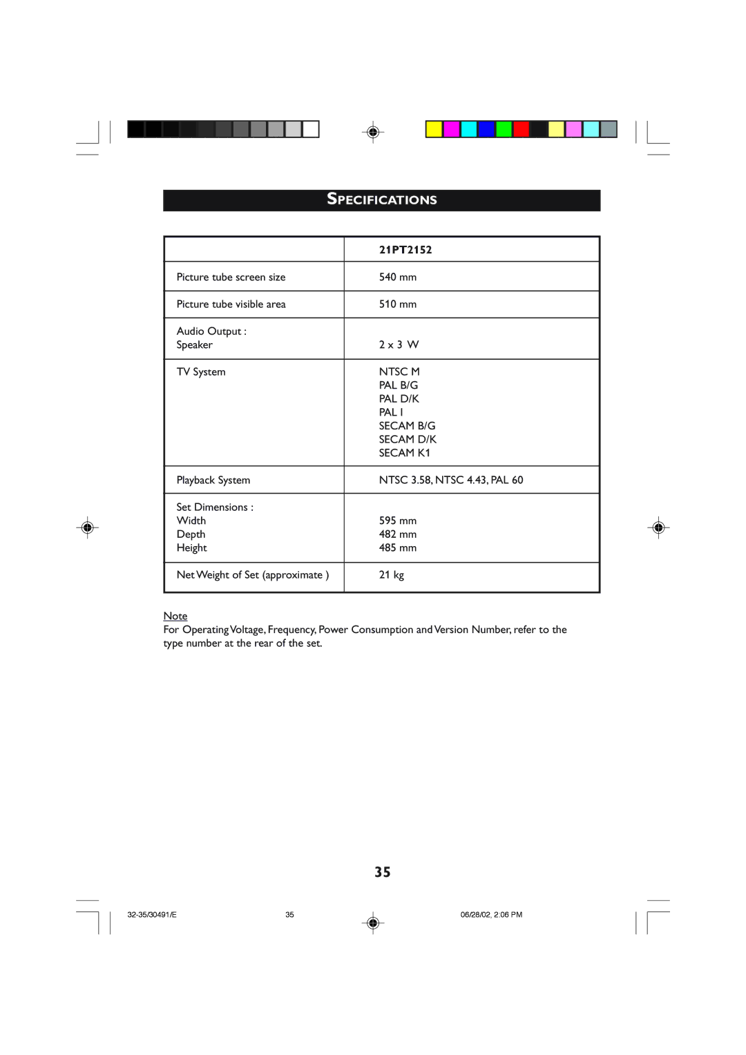 Philips 21PT2152 operating instructions Specifications 