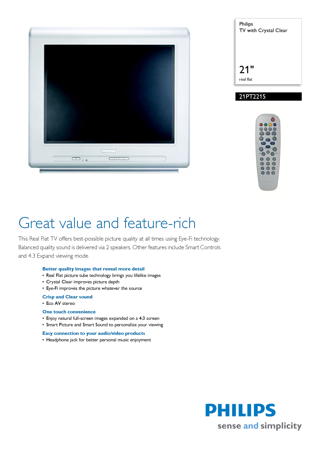 Philips 21PT2215 manual Better quality images that reveal more detail, Crisp and Clear sound, One touch convenience 