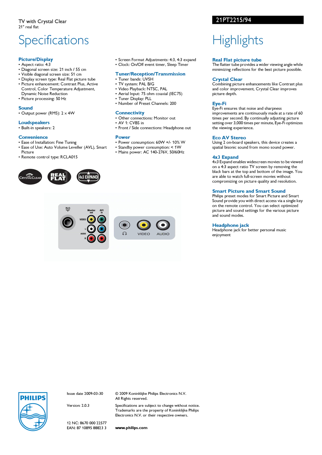 Philips 21PT2215 manual Specifications, Highlights 