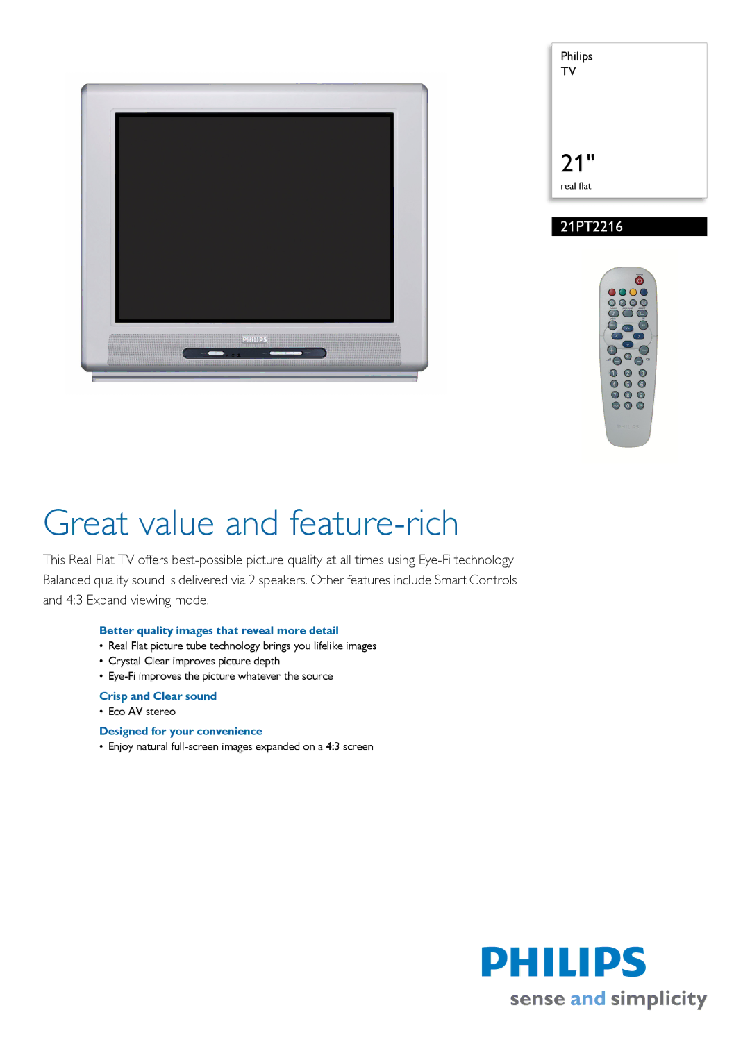 Philips 21PT2216 manual Better quality images that reveal more detail, Crisp and Clear sound 