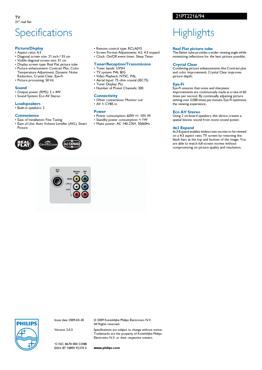 Philips 21PT2216 manual Specifications, Highlights 