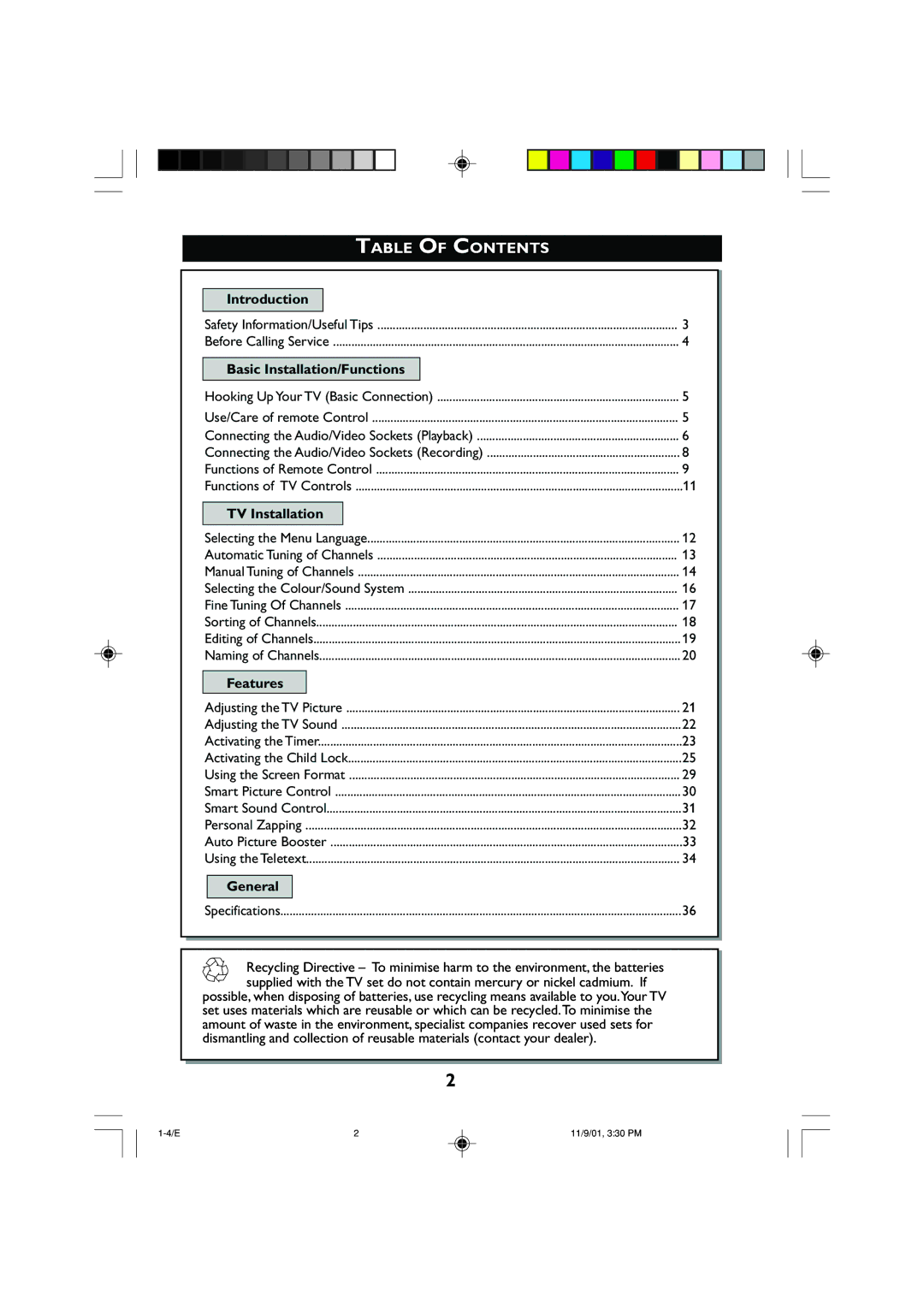 Philips 21PT2252 operating instructions Table of Contents 