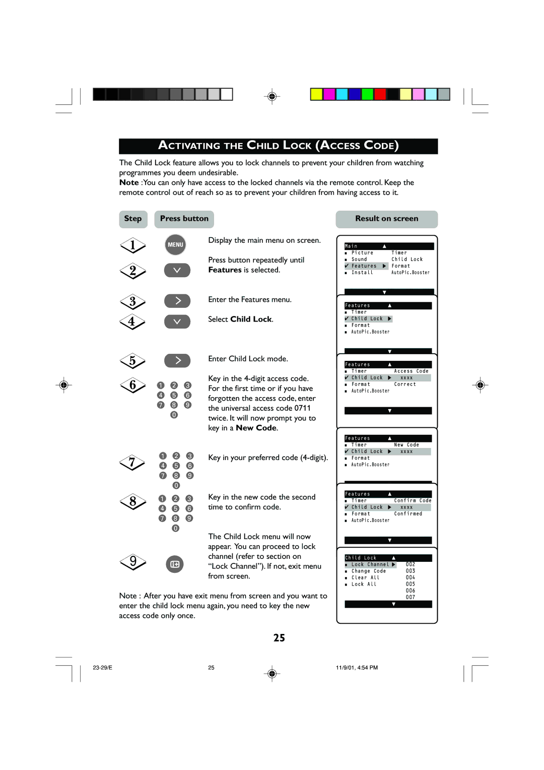 Philips 21PT2252 operating instructions Activating the Child Lock Access Code, Select Child Lock, Enter Child Lock mode 