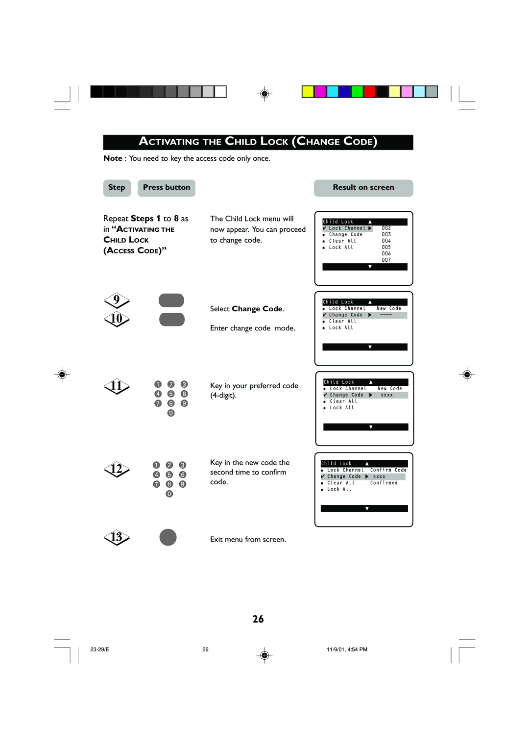 Philips 21PT2252 operating instructions Activating the Child Lock Change Code, Select Change Code 