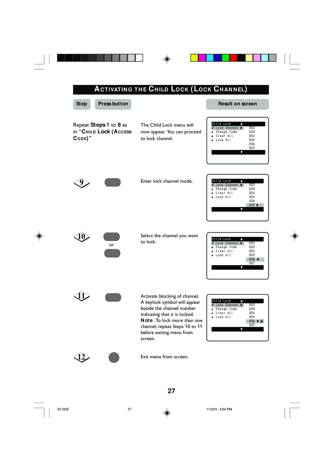 Philips 21PT2252 Activating the Child Lock Lock Channel, Repeat Steps 1 to 8 as, Child Lock menu will, To lock channel 