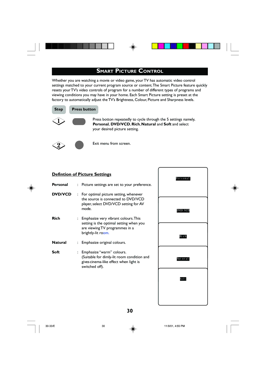 Philips 21PT2252 operating instructions Smart Picture Control, Defintion of Picture Settings 