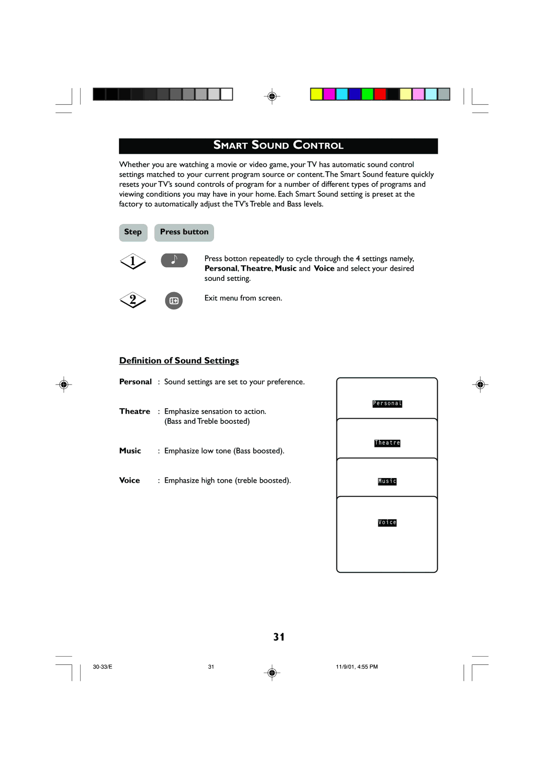 Philips 21PT2252 Smart Sound Control, Definition of Sound Settings, Personal Sound settings are set to your preference 