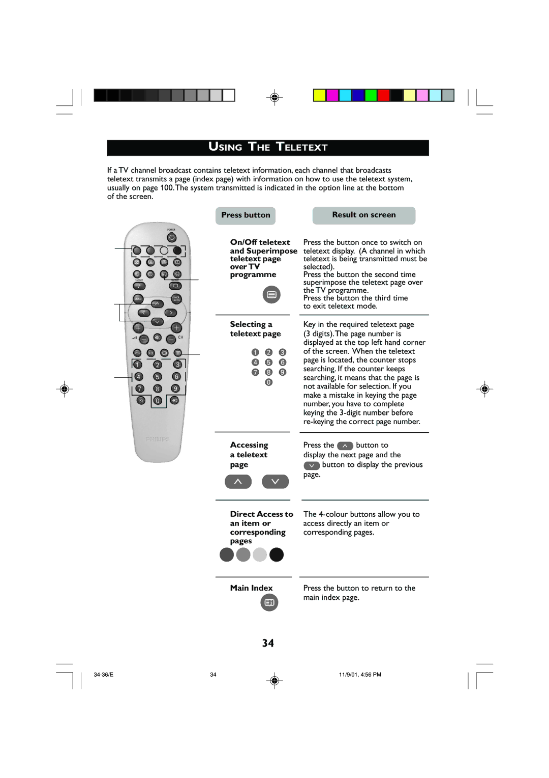 Philips 21PT2252 operating instructions Using the Teletext, Accessing, An item or, Corresponding Corresponding pages Pages 