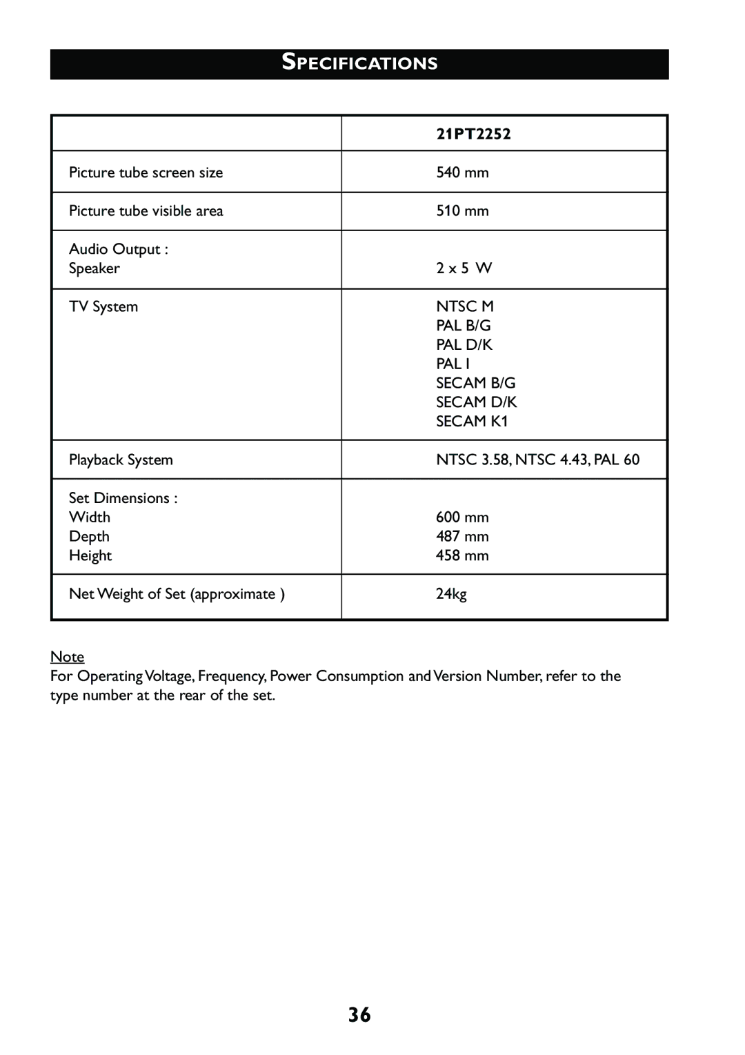 Philips 21PT2252 operating instructions Specifications 