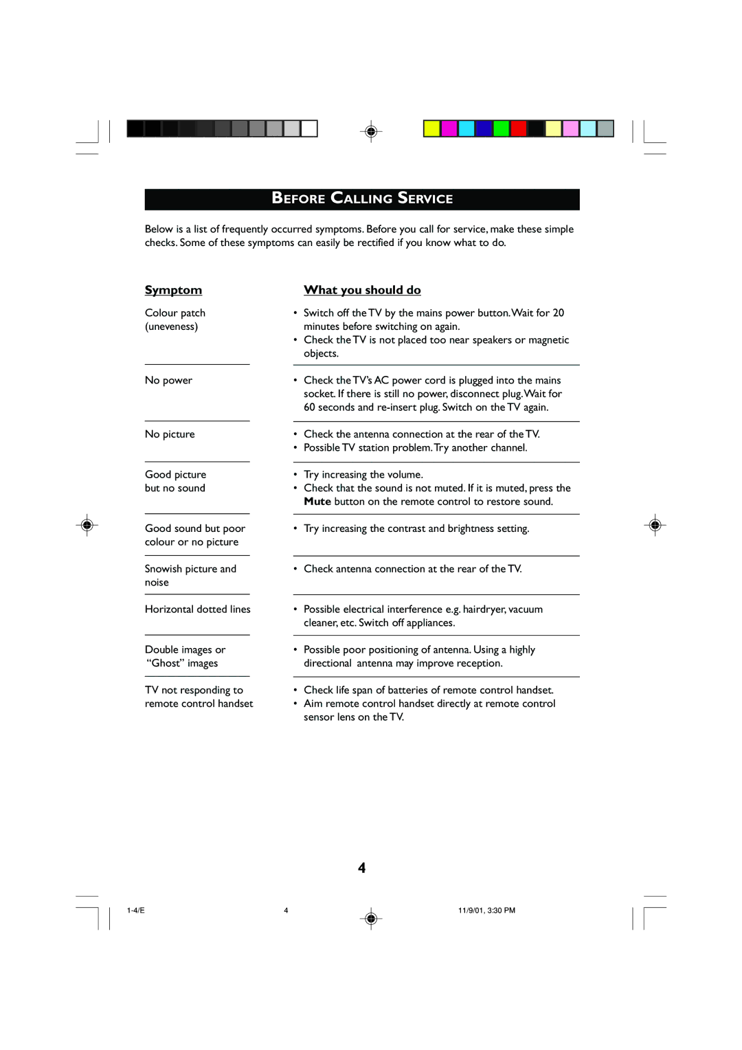 Philips 21PT2252 operating instructions Before Calling Service, Symptom What you should do, Objects, No power 