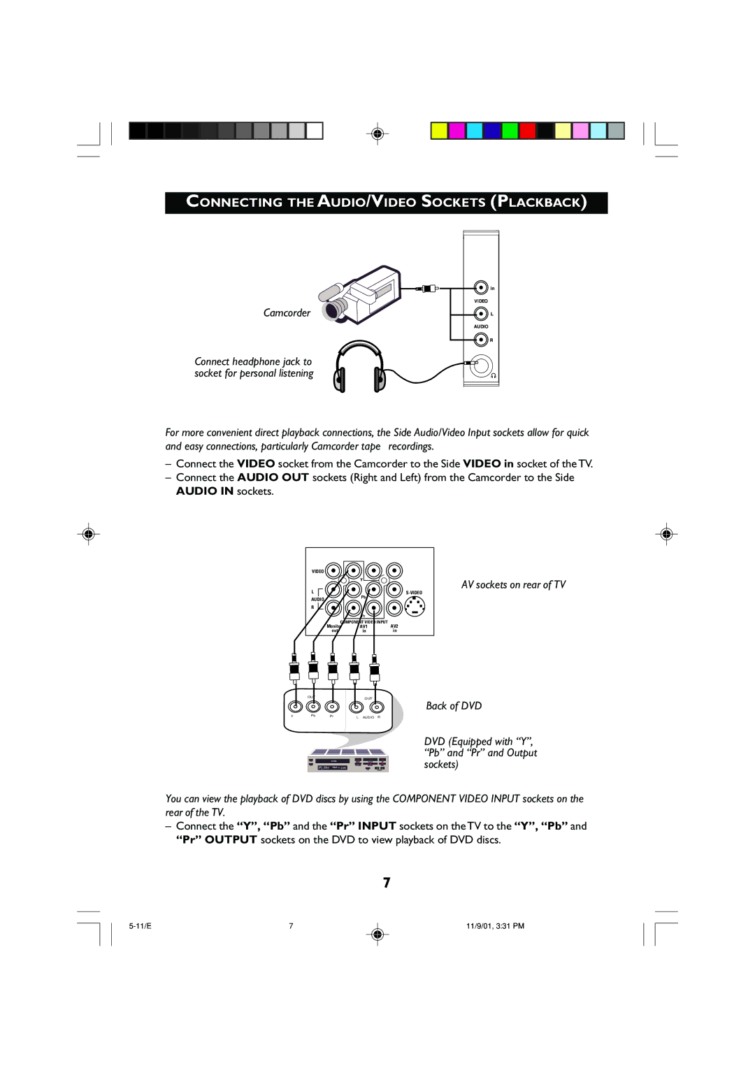 Philips 21PT2252 operating instructions Connecting the AUDIO/VIDEO Sockets Plackback, Camcorder 