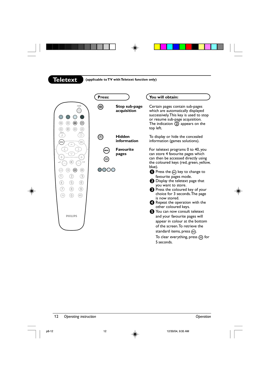 Philips 21PT3324, 21PT2325 manual Press You will obtain Stop sub-page, Acquisition, Hidden, Information, Favourite, Pages 