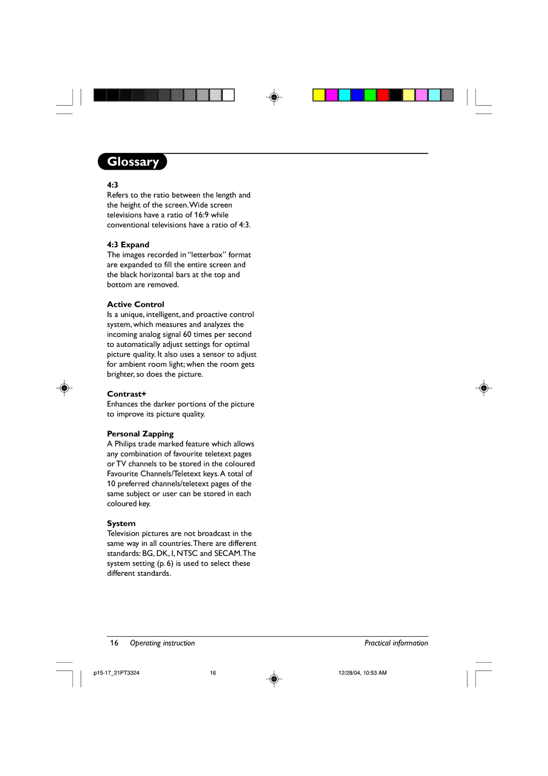 Philips 21PT2325, 21PT2115, 21PT3324 manual Glossary, Active Control, Contrast+, Personal Zapping, System 