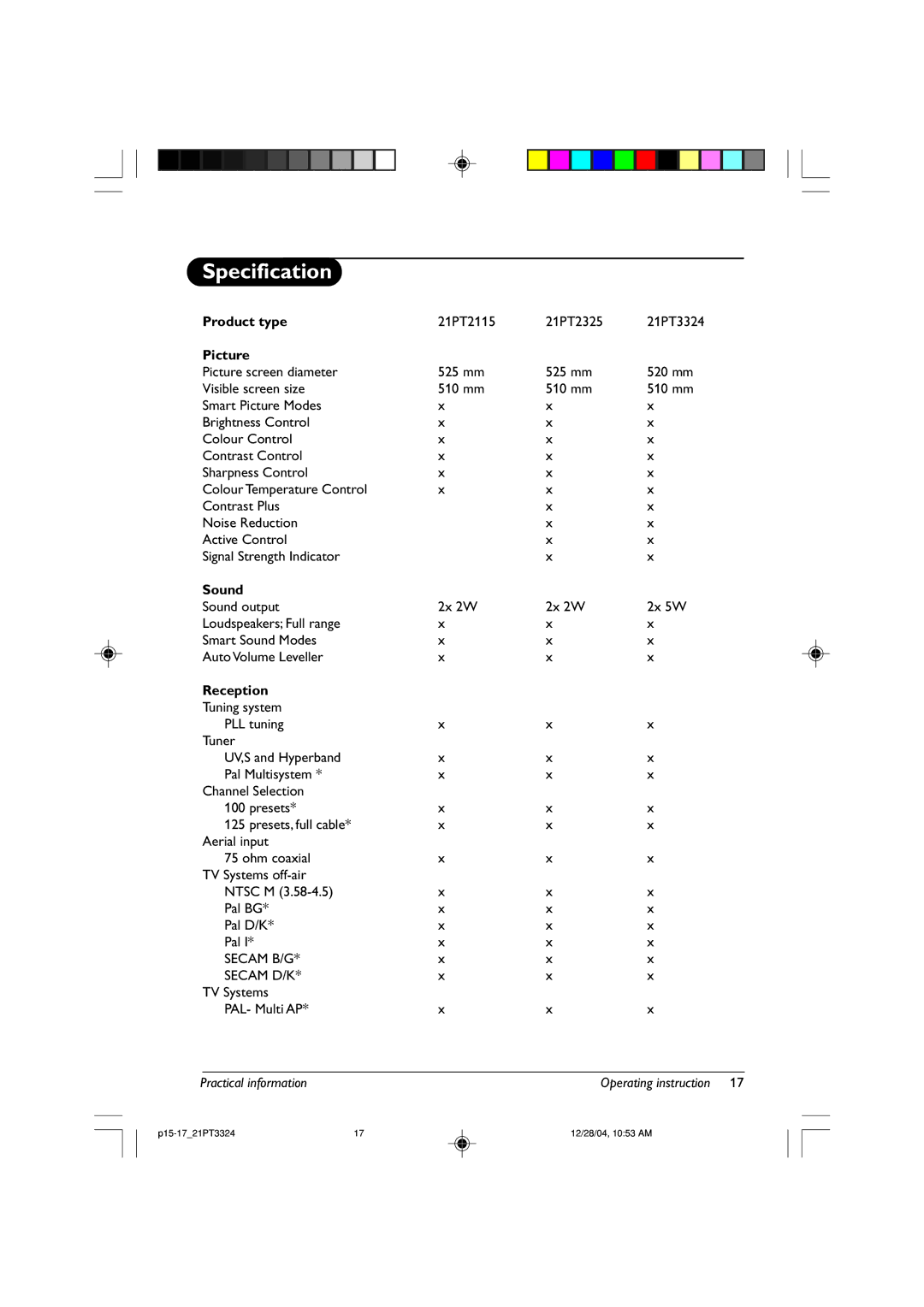 Philips 21PT2115, 21PT2325, 21PT3324 manual Specification, Product type, Picture, Sound, Reception 