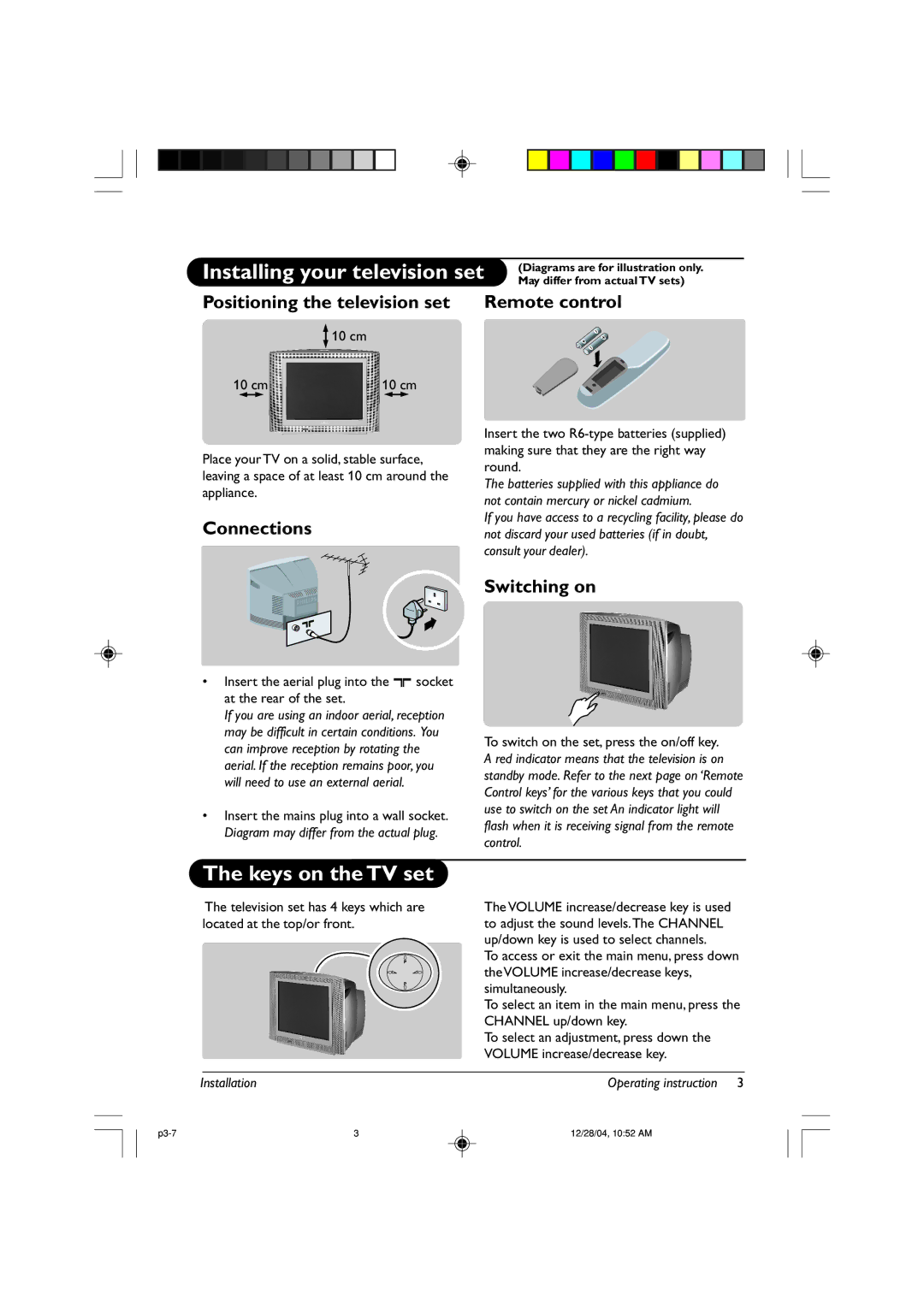 Philips 21PT3324, 21PT2325, 21PT2115 manual Keys on the TV set, Installation 