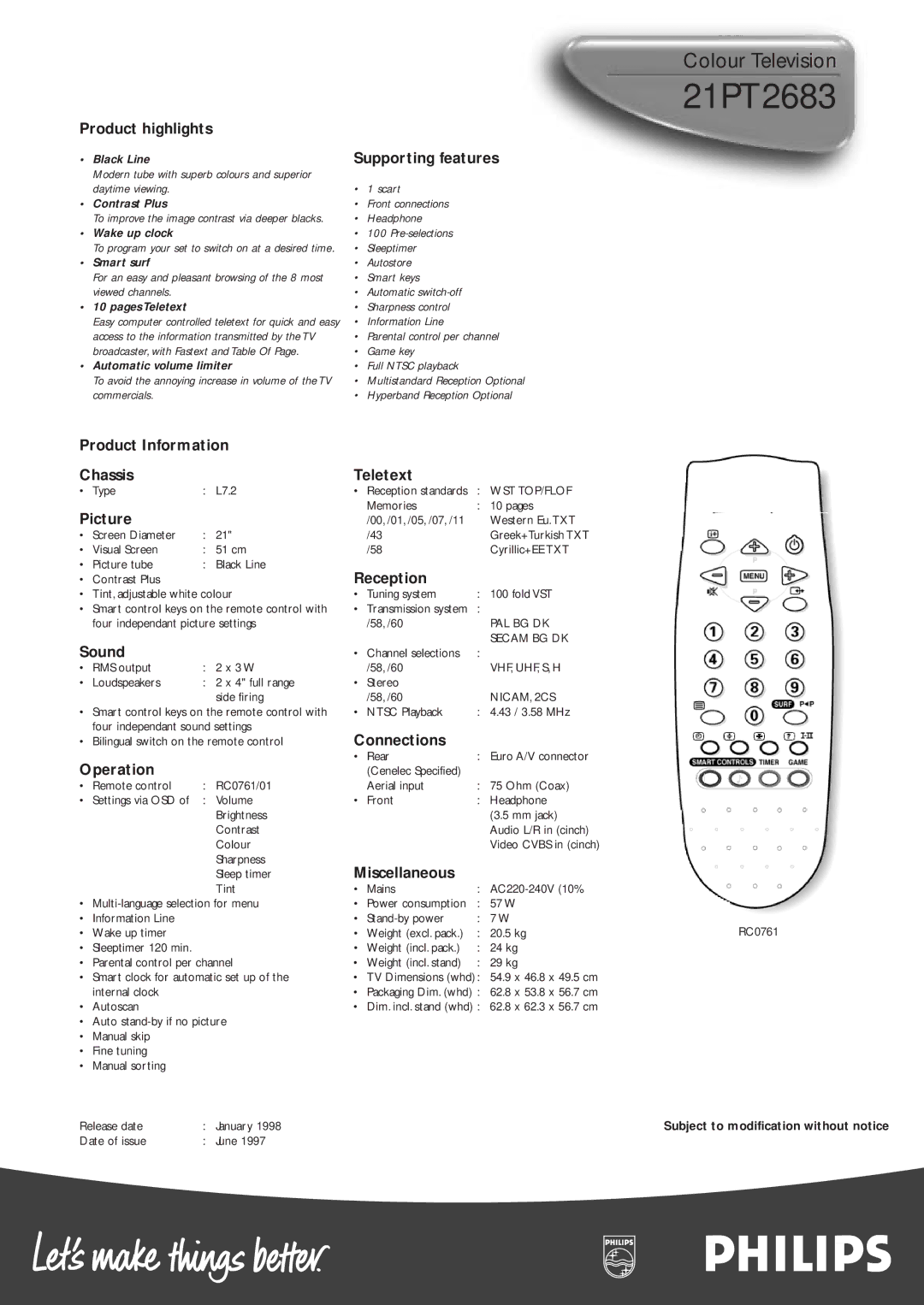 Philips 21PT2683 Product Information Chassis, Picture, Sound, Operation, Teletext, Reception, Connections, Miscellaneous 