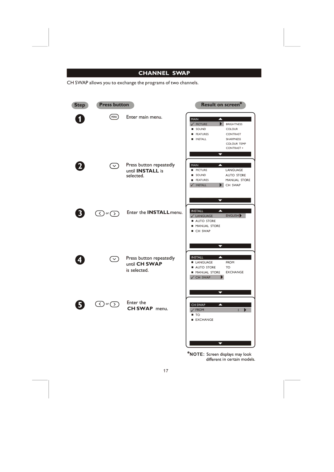 Philips 14PT2117, 21PT3327 user manual Install CH Swap 