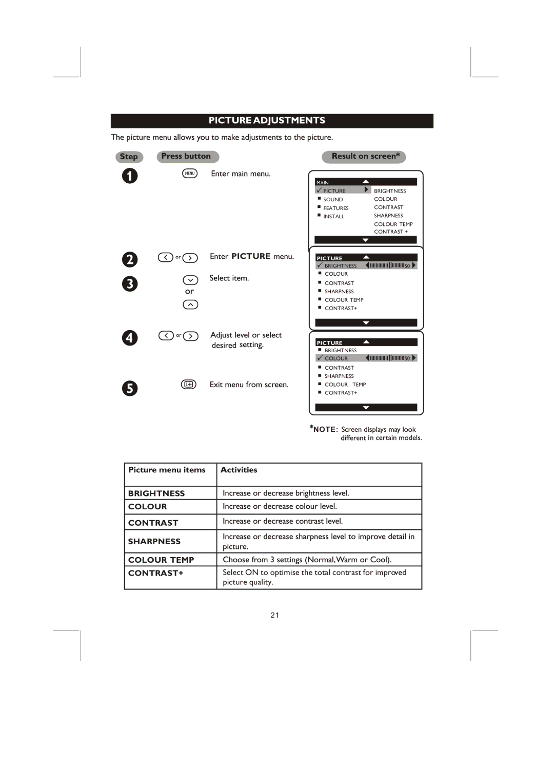 Philips 14PT2117, 21PT3327 user manual Brightness Colour Contrast Sharpness Colour Temp CONTRAST+, Picture quality 