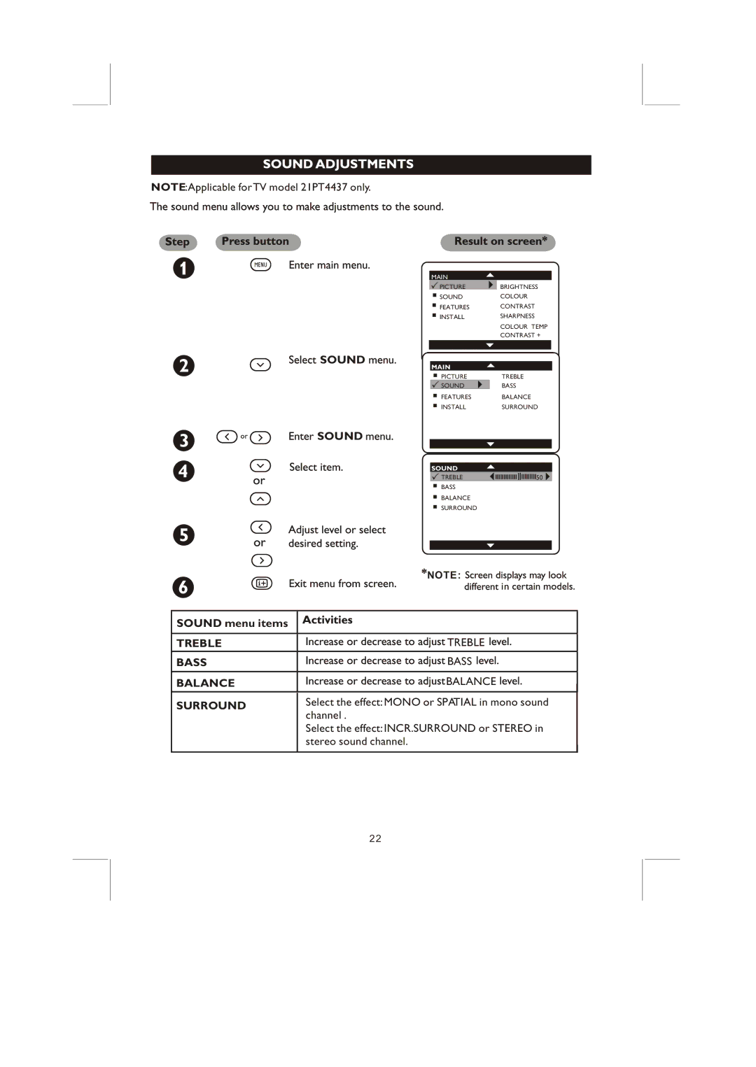 Philips 21PT3327, 14PT2117 user manual Sound, Treble, Bass, Balance, Surround 