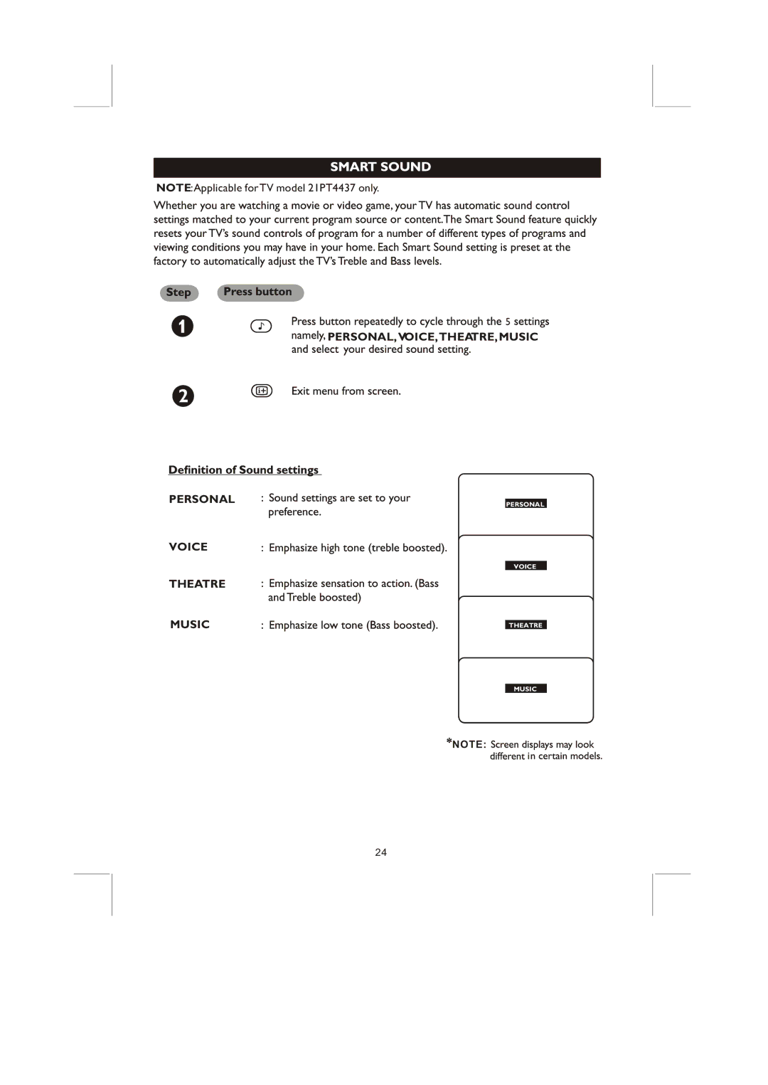 Philips 21PT3327, 14PT2117 user manual PERSONAL,VOICE,THEATRE,MUSIC Personal, Voice, Theatre Music 