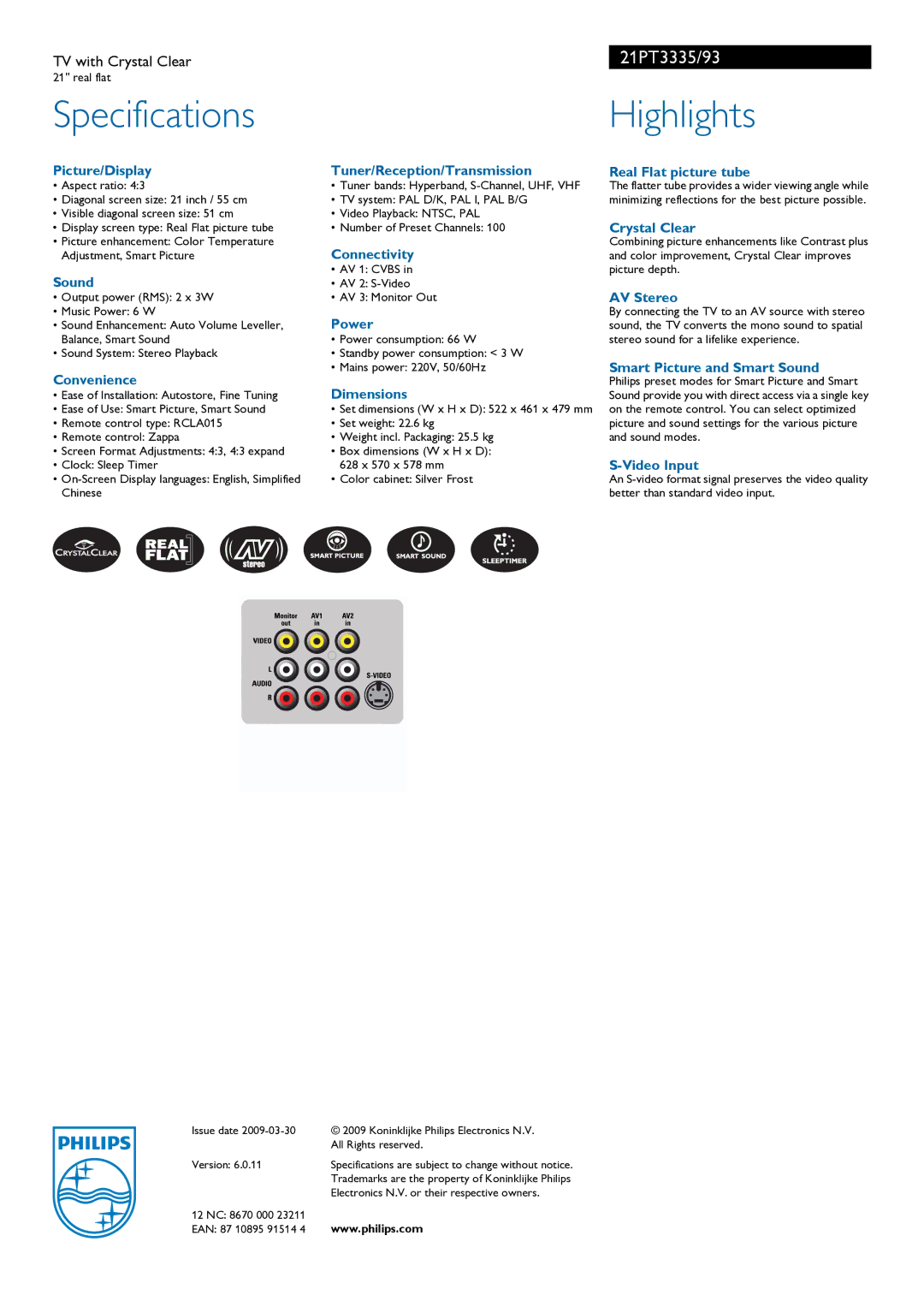 Philips 21PT3335 manual Picture/Display, Sound, Convenience, Tuner/Reception/Transmission, Connectivity, Power, Dimensions 