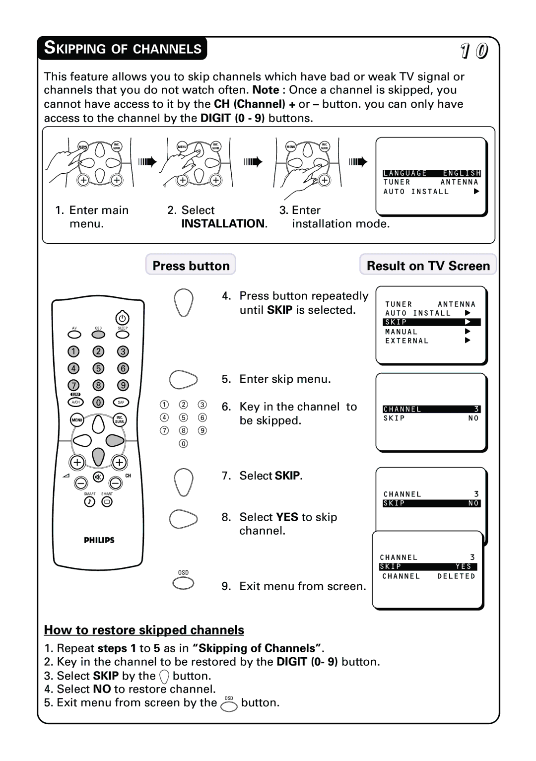 Philips 21PT3952 manual Skipping of Channels, Press button Result on TV Screen, How to restore skipped channels 