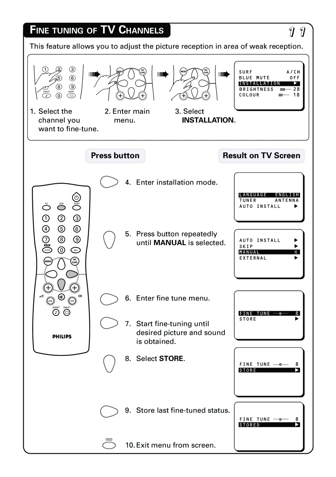 Philips 21PT3952 manual Fine Tuning of TV Channels 