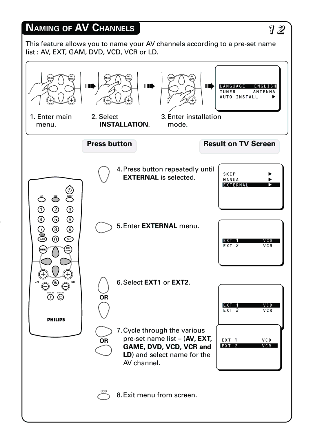 Philips 21PT3952 manual Naming of AV Channels, Enter main Select Enter installation Menu, Mode 