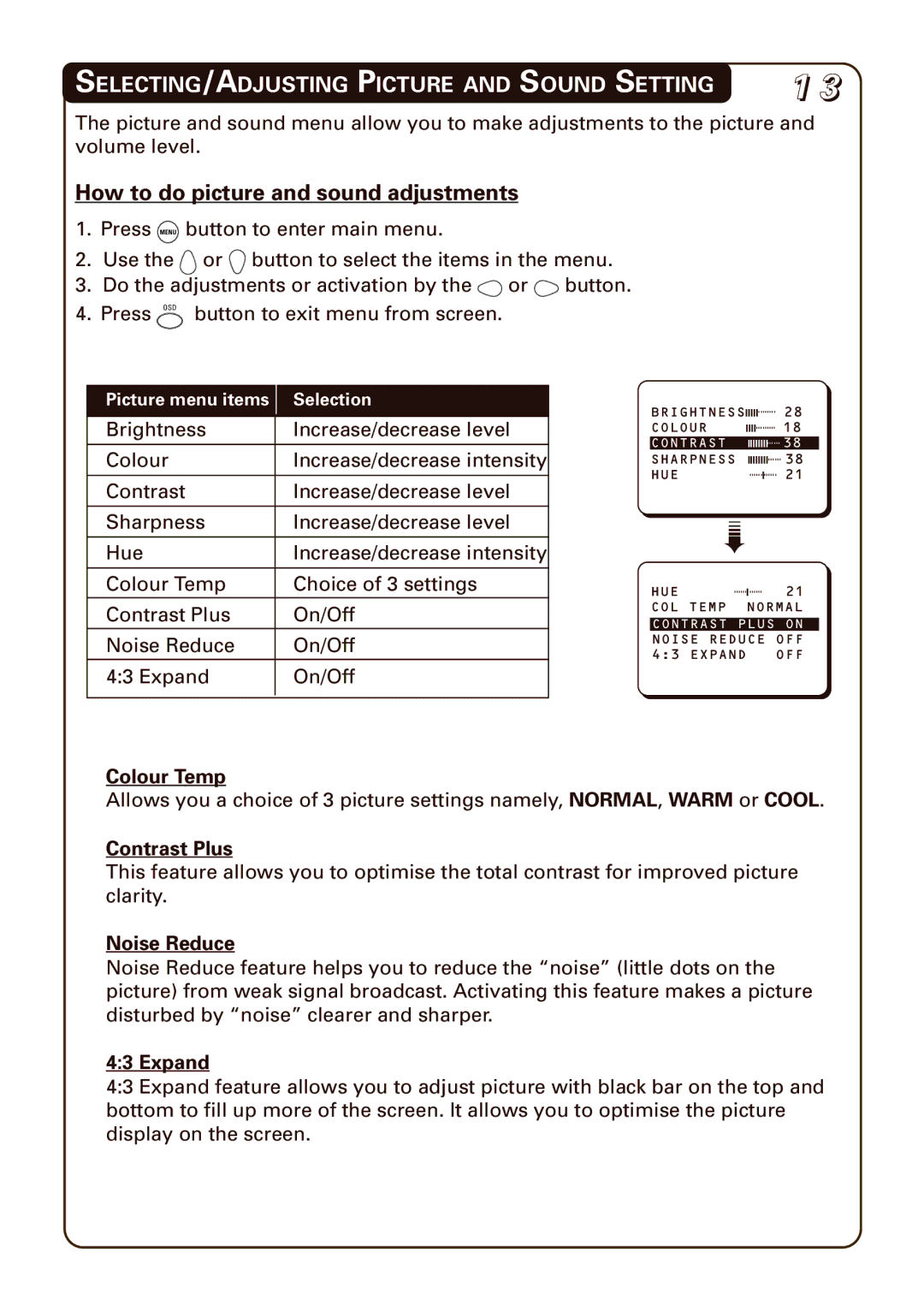 Philips 21PT3952 manual SELECTING/ADJUSTING Picture and Sound Setting, How to do picture and sound adjustments 