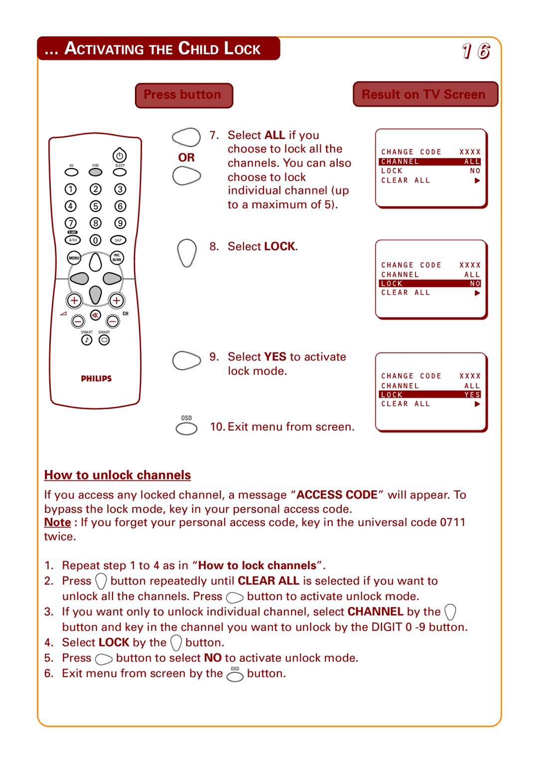 Philips 21PT3952 manual Press button Result on TV Screen, How to unlock channels 