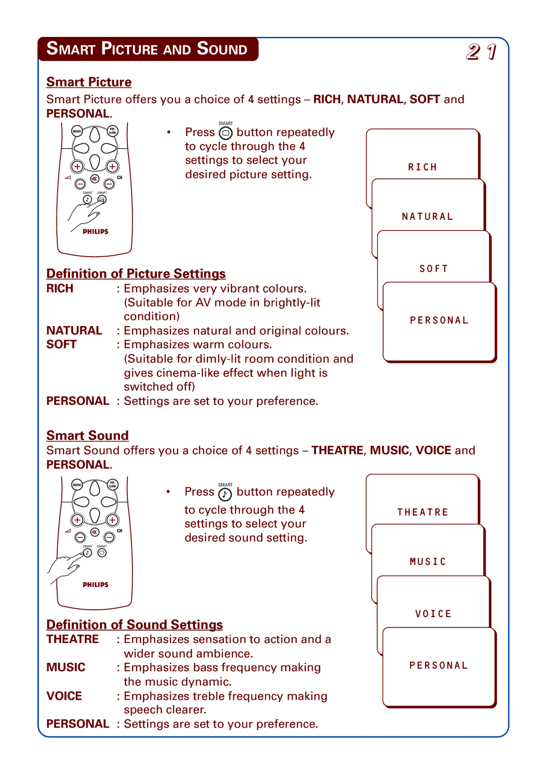 Philips 21PT3952 manual Smart Picture and Sound, Definition of Picture Settings, Smart Sound, Definition of Sound Settings 