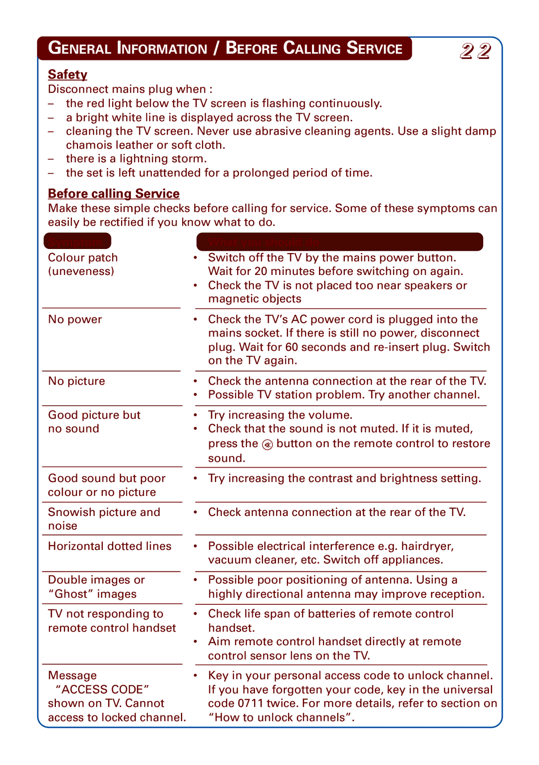 Philips 21PT3952 General Information / Before Calling Service, Safety, Before calling Service, Symptom What you should do 