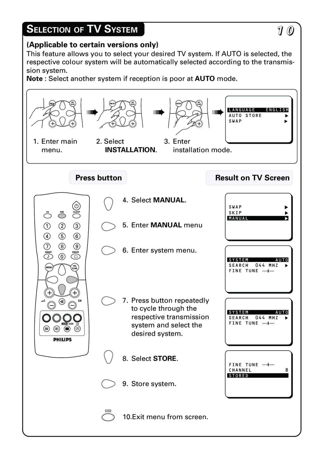 Philips 21PT3962 manual Selection of TV System, Applicable to certain versions only, Press button Result on TV Screen 