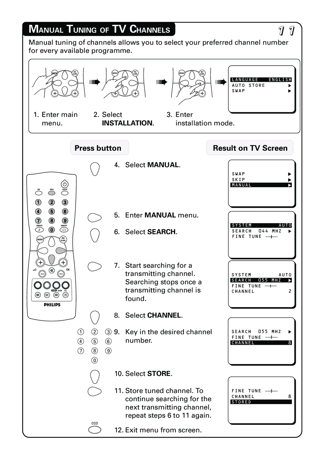 Philips 21PT3962 manual Manual Tuning of TV Channels 