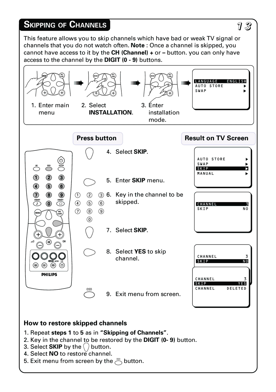 Philips 21PT3962 manual Skipping of Channels, How to restore skipped channels 