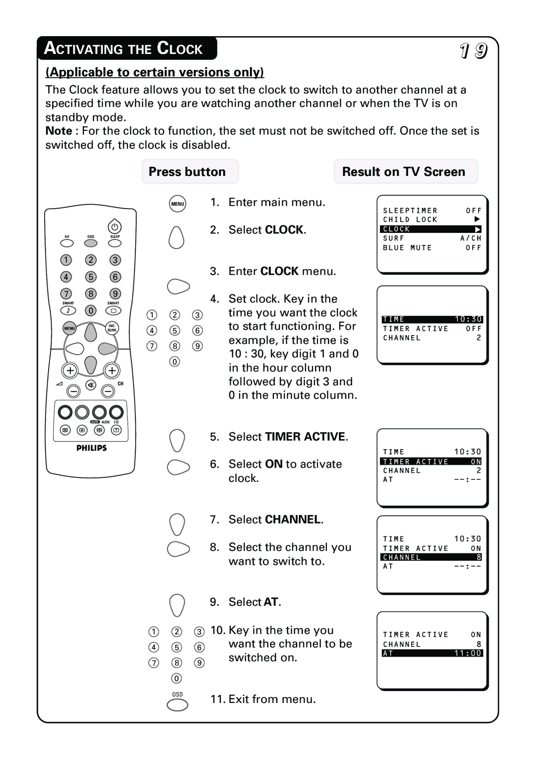 Philips 21PT3962 manual Activating the Clock, Select Timer Active 