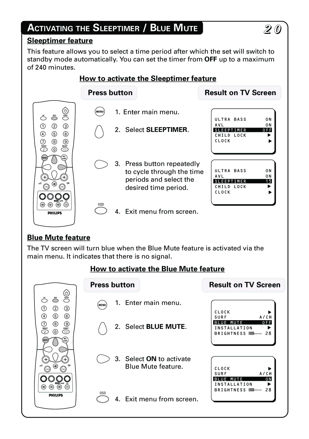 Philips 21PT3962 manual Activating the Sleeptimer / Blue Mute, Sleeptimer feature, Blue Mute feature, Select Sleeptimer 