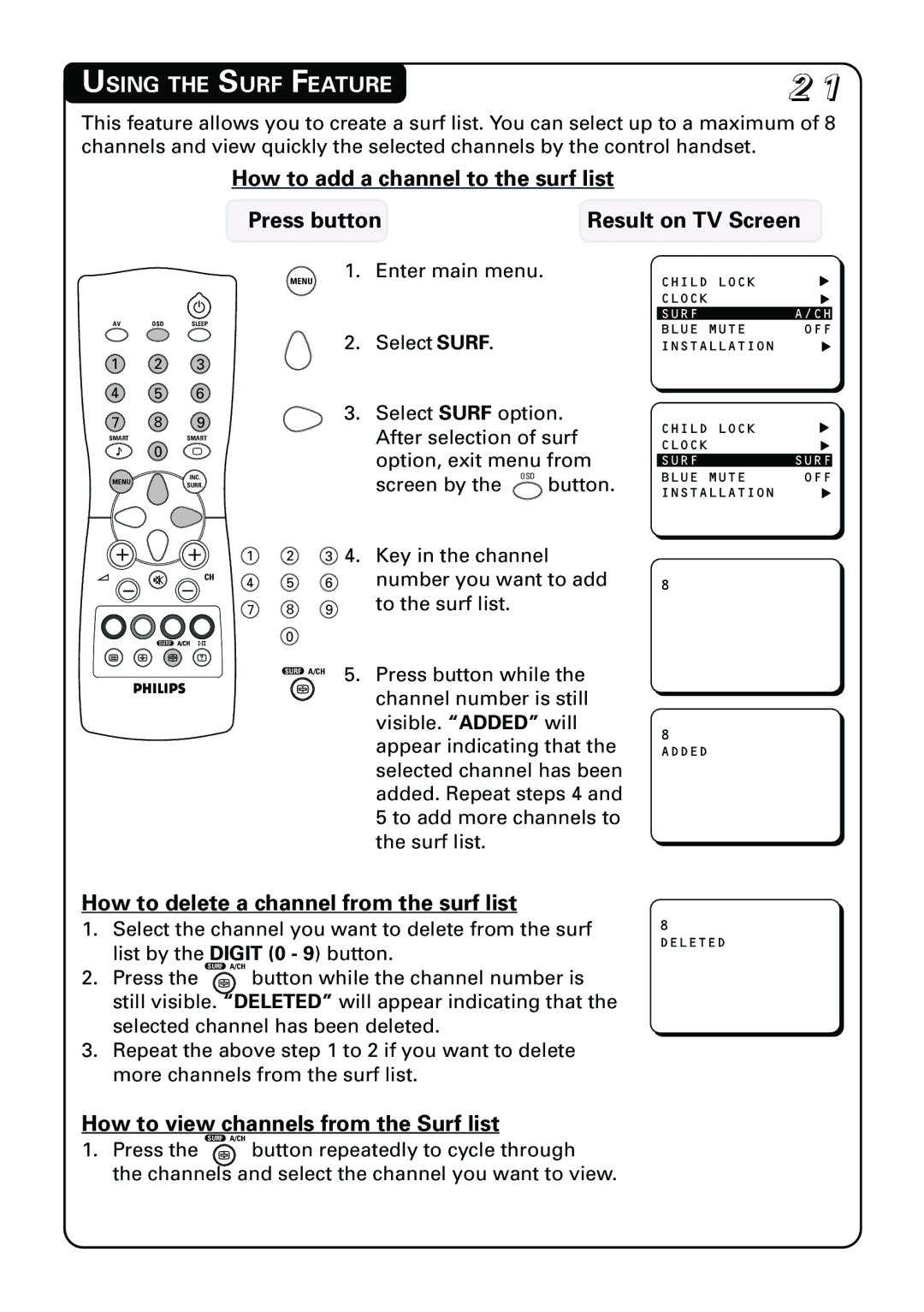 Philips 21PT3962 manual Using the Surf Feature, How to delete a channel from the surf list 