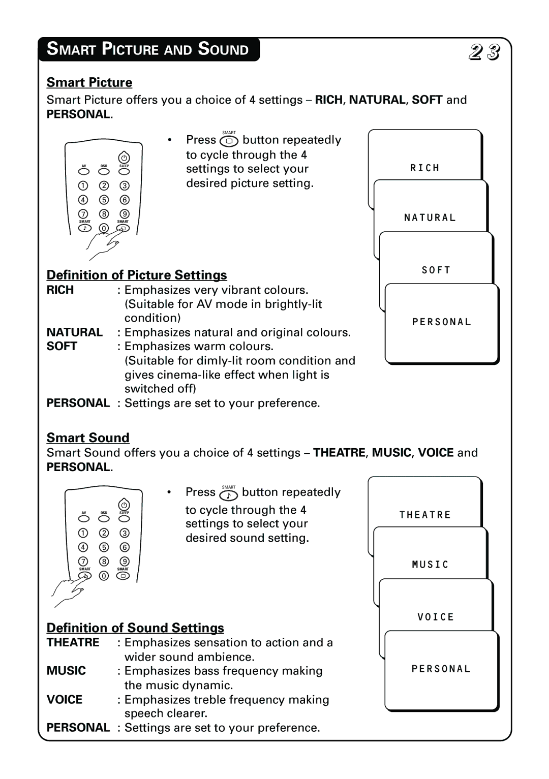 Philips 21PT3962 manual Smart Picture and Sound, Definition of Picture Settings, Smart Sound, Definition of Sound Settings 