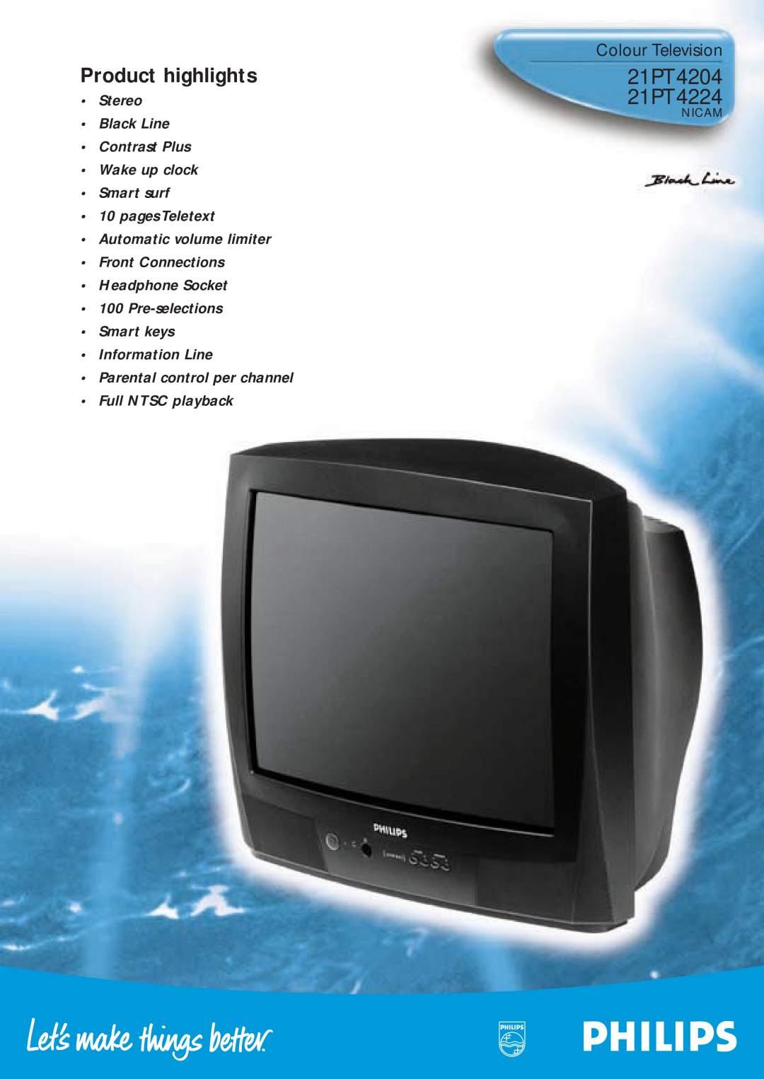 Philips manual 21PT4204 21PT4224, Colour Television, Nicam, Product highlights 
